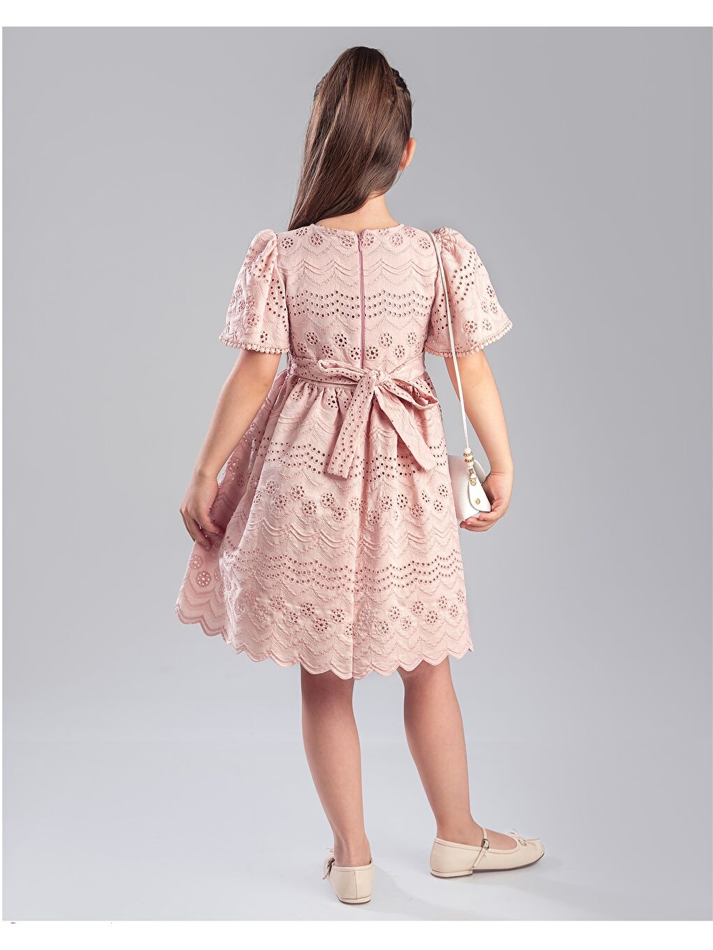 Pembe Kız Çocuk Çantalı Brode Elbise-3