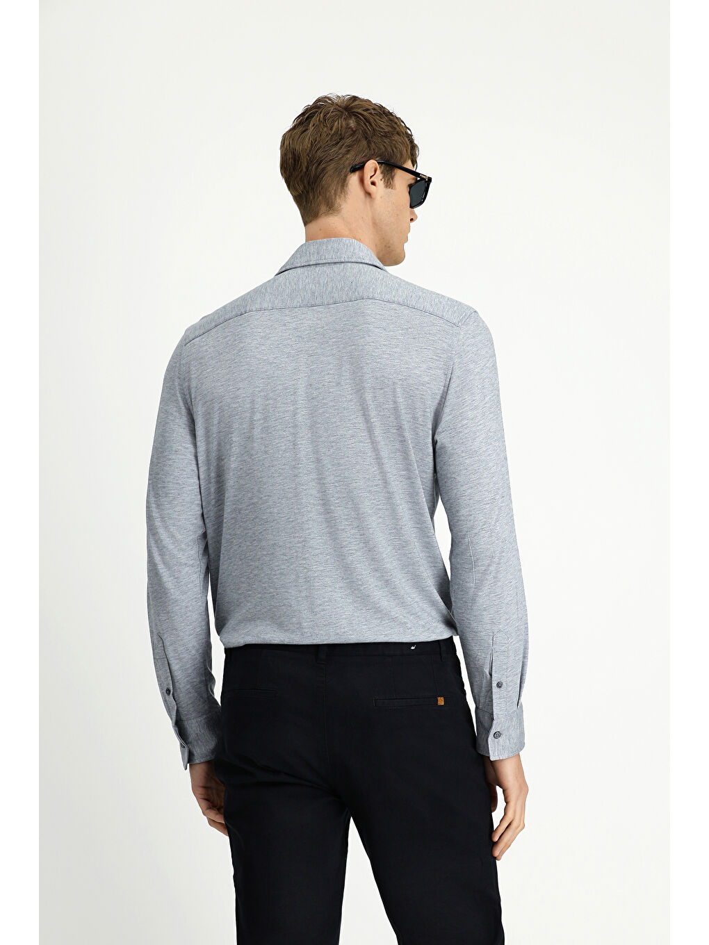 Gri Uzun Kol Regular Fit Düz Örme Gömlek-3