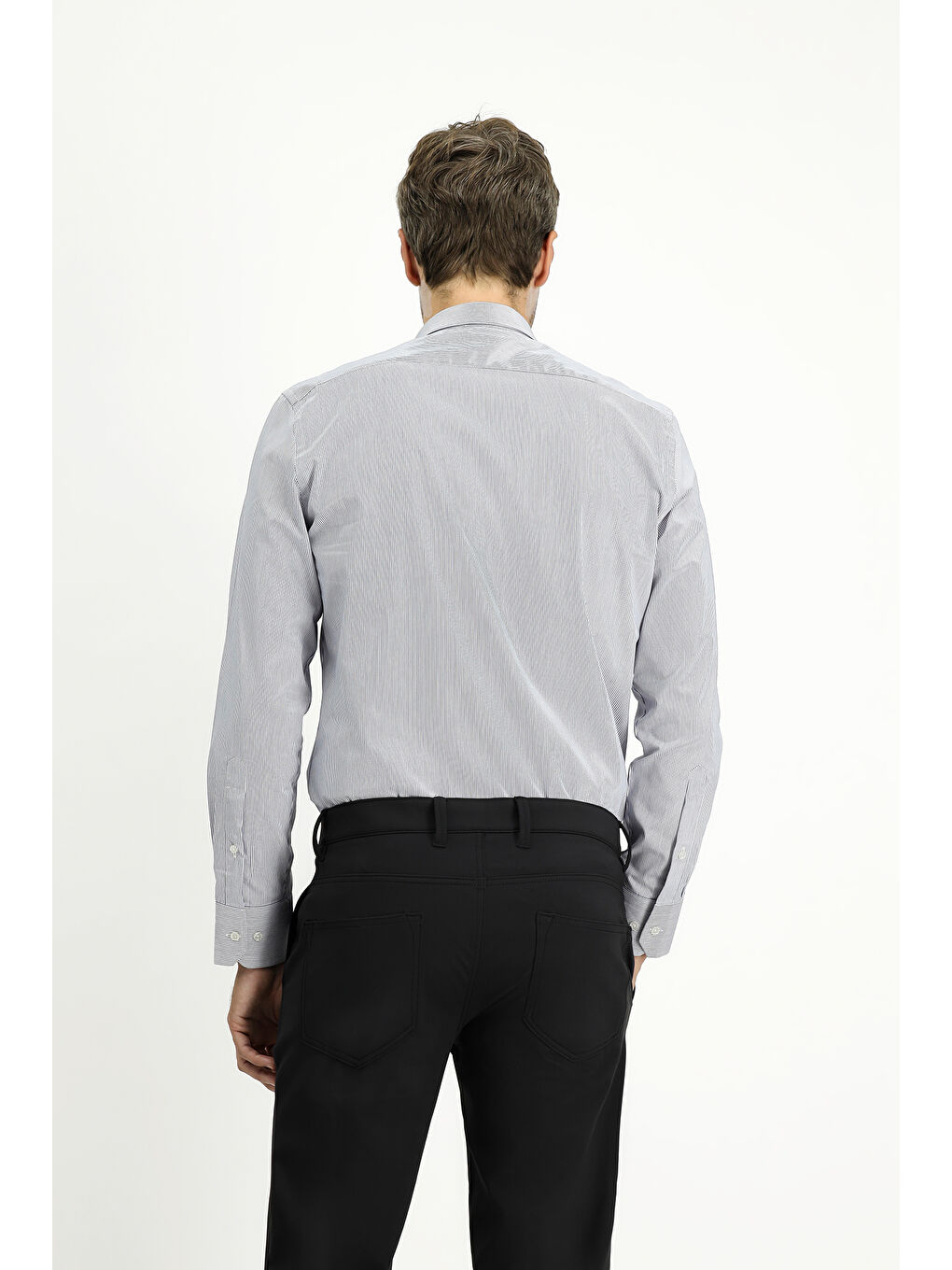 Lacivert Uzun Kol Slim Fit Dar Kesim Klasik Çizgili Pamuk Gömlek-3