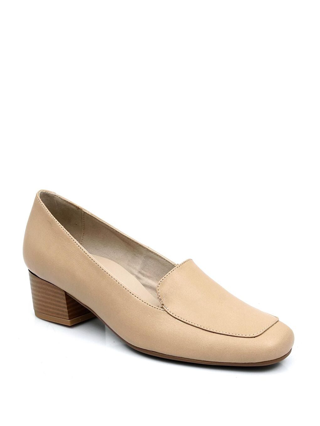 Bej NUDE  Hakiki Deri Küt Burun Kısa Kalın Topuklu Kadın Ayakkabı 13312-4