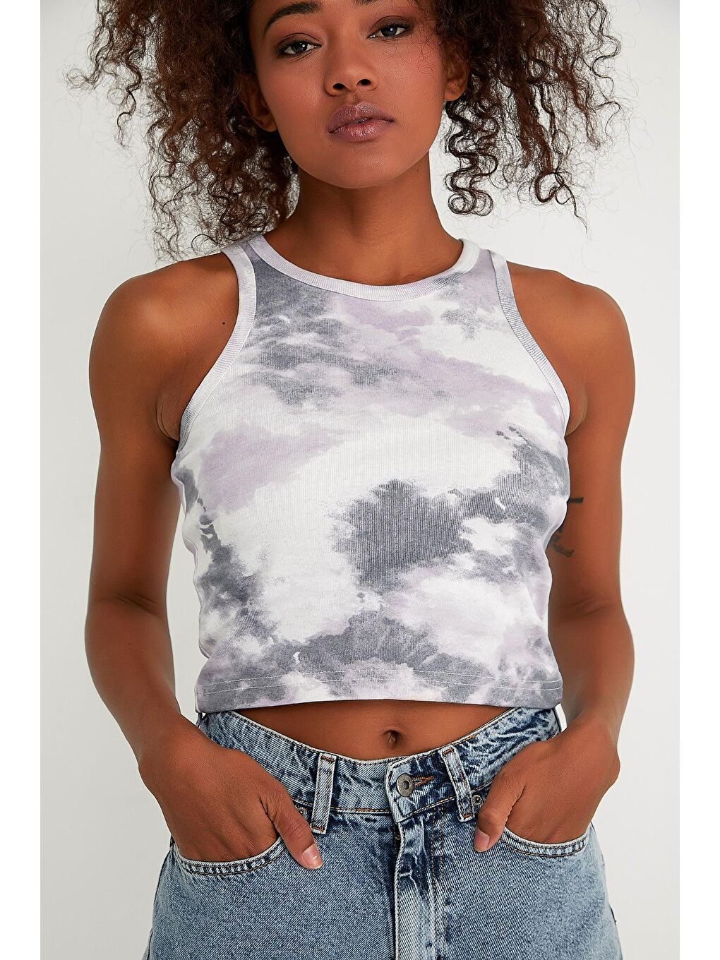 Karışık Kadın Crop Örme Arkası Yüksek Yaka Slim Fit Atlet-Tişort SPR21Y11-4