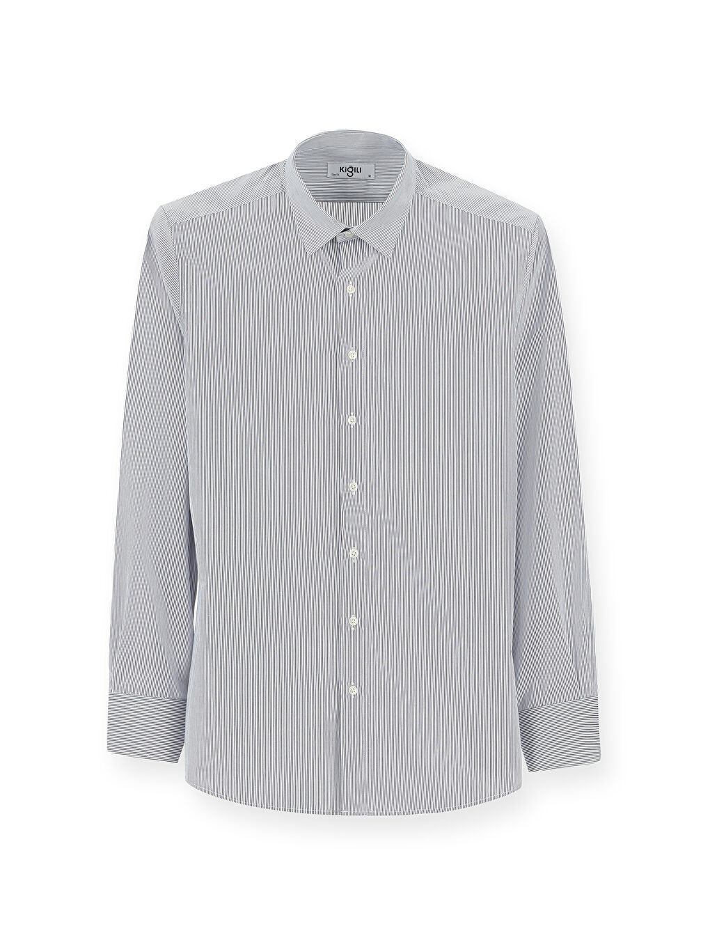 Lacivert Uzun Kol Slim Fit Dar Kesim Klasik Çizgili Pamuk Gömlek-5