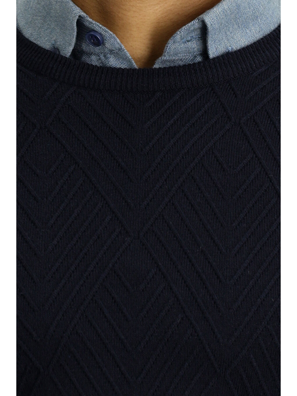 Lacivert Bisiklet Yaka Slim Fit Dar Kesim Desenli Pamuklu Triko Büyük Beden Kazak-4