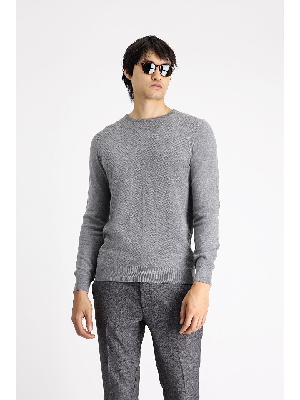 Gri Bisiklet Yaka Slim Fit Dar Kesim Desenli Pamuklu Triko Büyük Beden Kazak-2