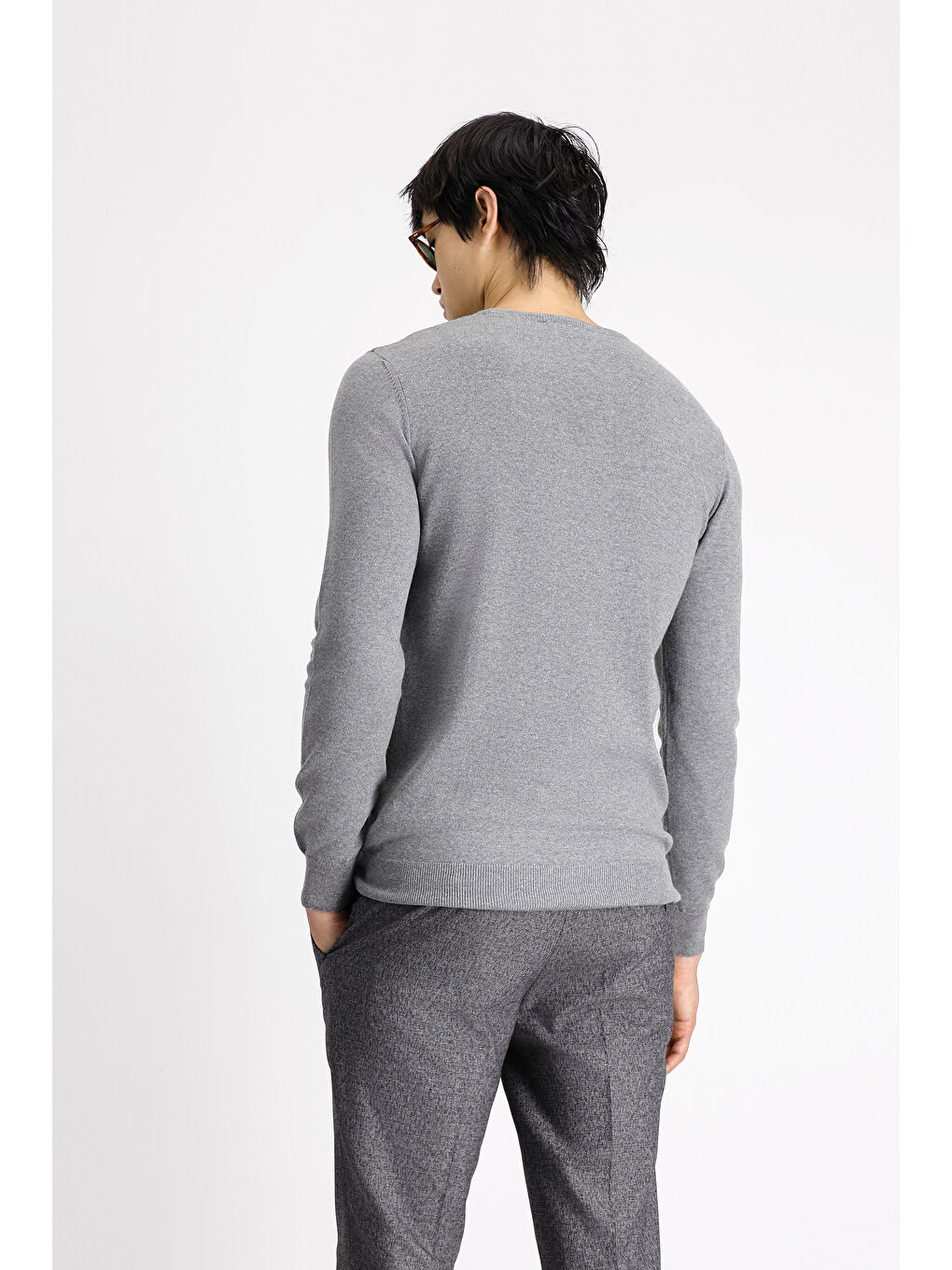 Gri Bisiklet Yaka Slim Fit Dar Kesim Desenli Pamuklu Triko Büyük Beden Kazak-3