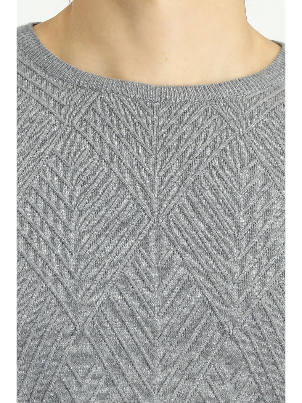 Gri Bisiklet Yaka Slim Fit Dar Kesim Desenli Pamuklu Triko Büyük Beden Kazak-4