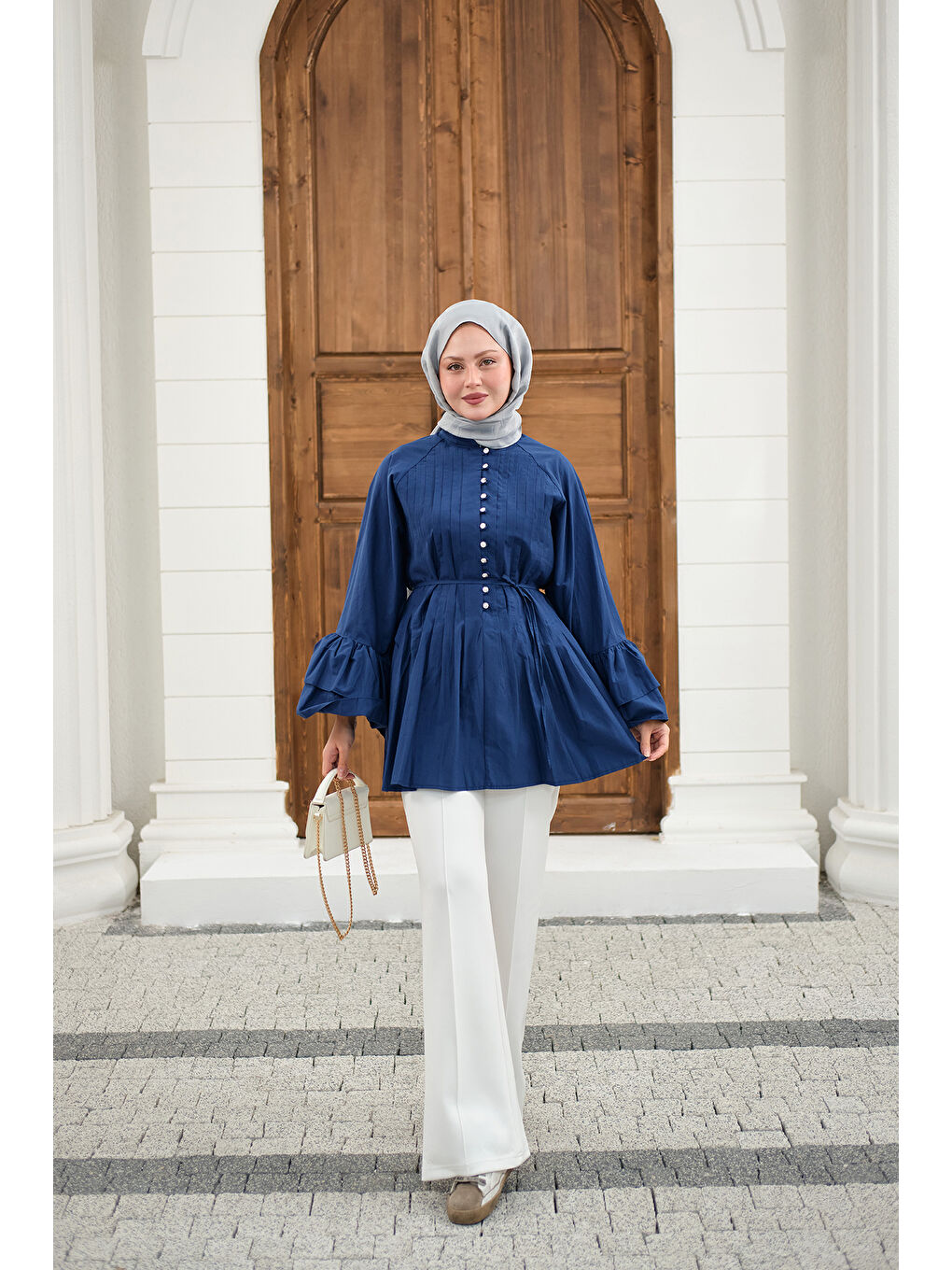 Kadın Önü Brit Düğme Detay Nervurlu Bel Bağlamalı Gömlek Lacivert-2