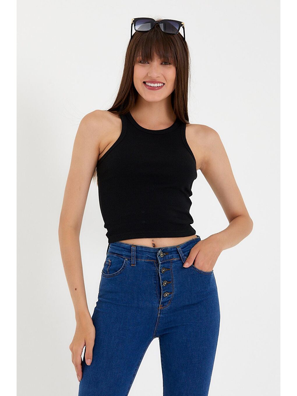 Siyah Kadın Crop Örme Arkası Yüksek Yaka Slim Fit Atlet-Tişort SPR21Y11