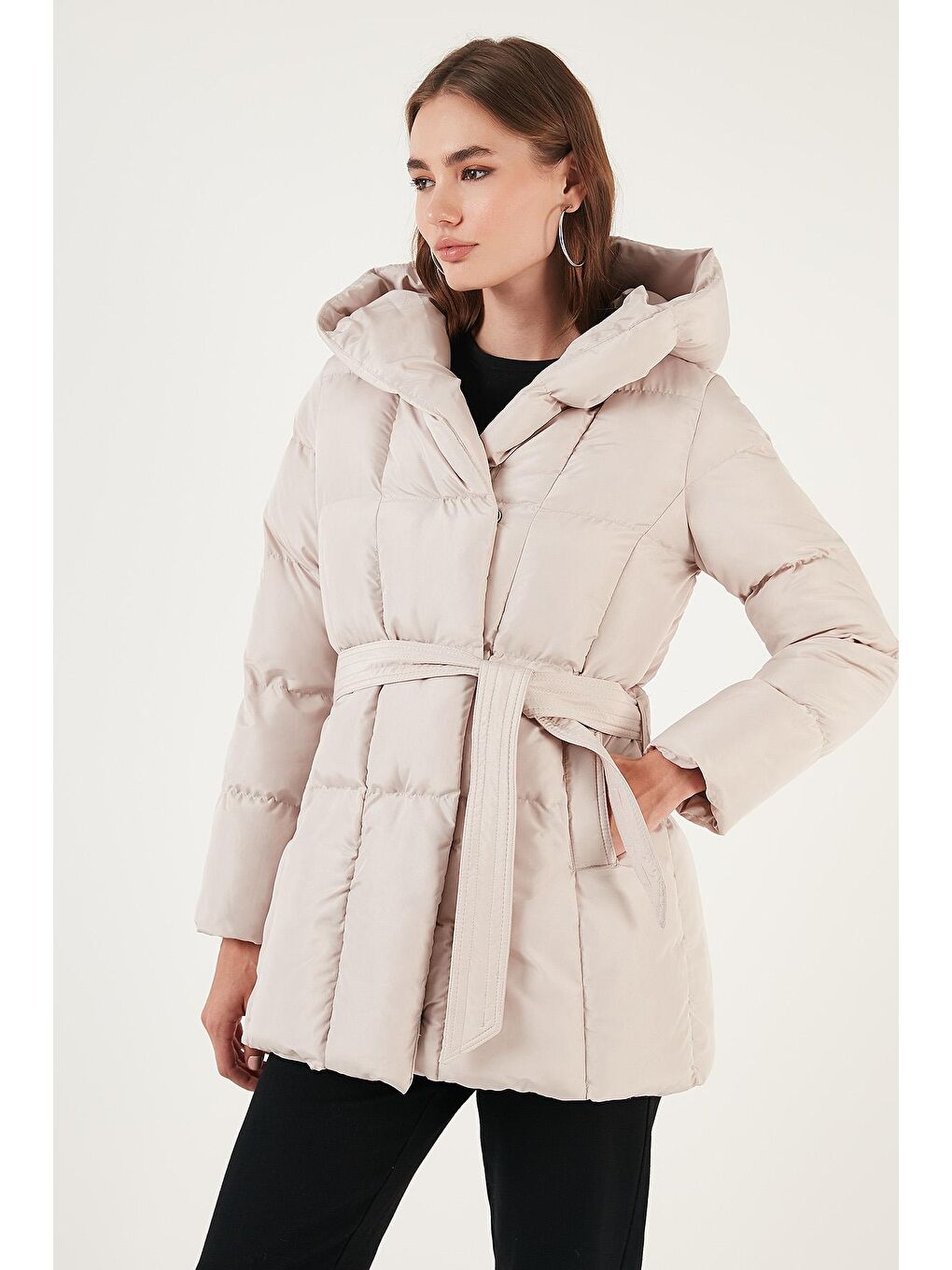 Bej Cepli Kemerli Kapüşonlu Regular Fit Kışlık Şişme Mont 55650154-1