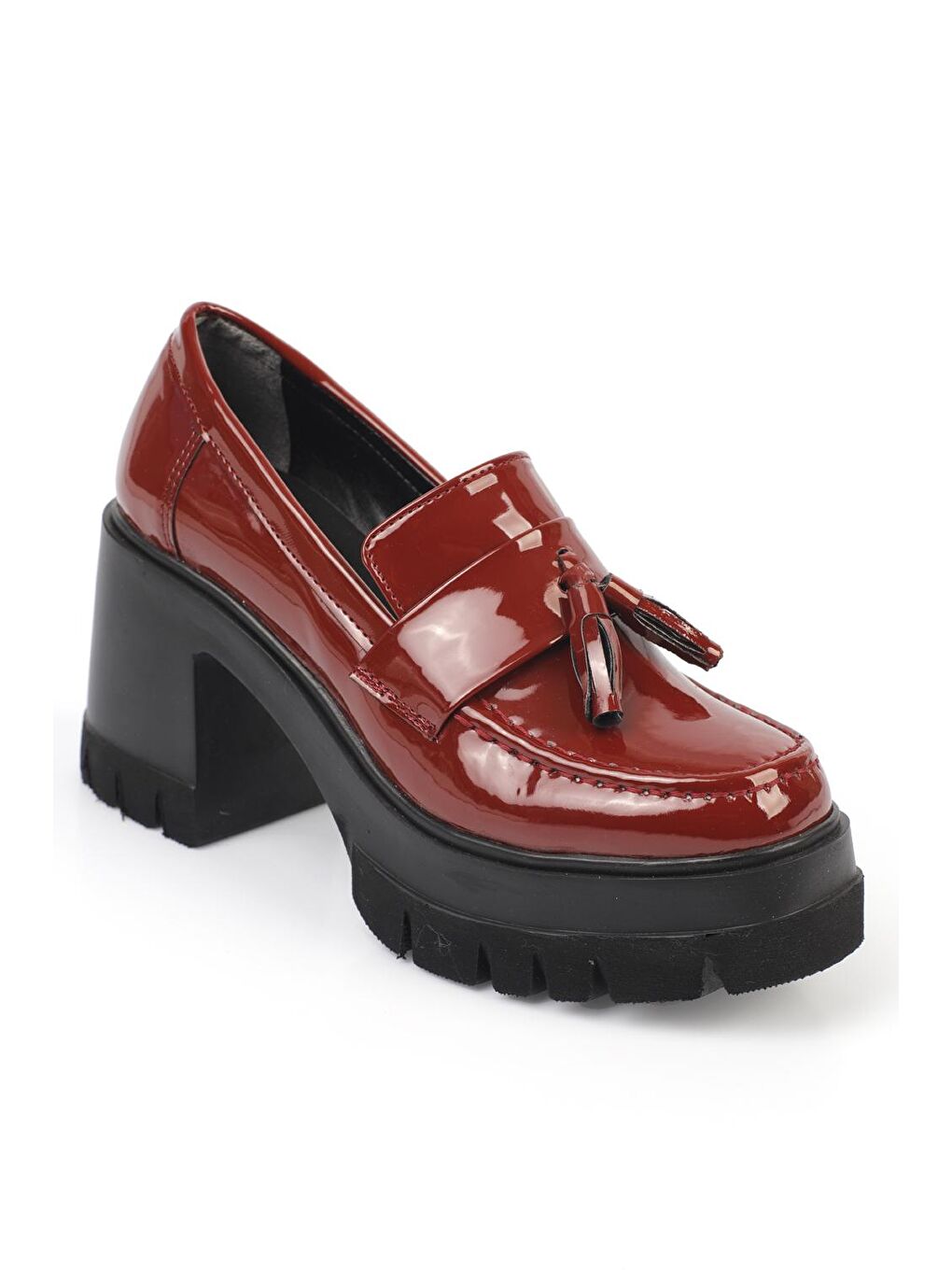 Bordo Yuvarlak Burunlu Püsküllü Orta Topuklu Kadın Loafer-3