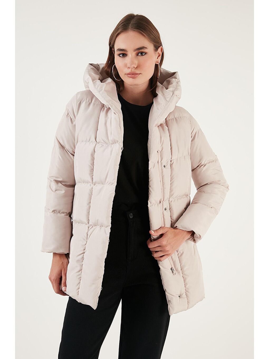 Bej Cepli Kemerli Kapüşonlu Regular Fit Kışlık Şişme Mont 55650154-2