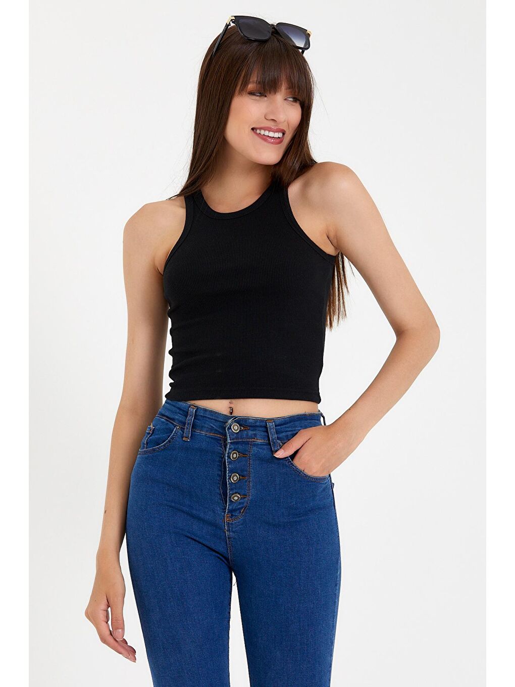 Siyah Kadın Crop Örme Arkası Yüksek Yaka Slim Fit Atlet-Tişort SPR21Y11-1
