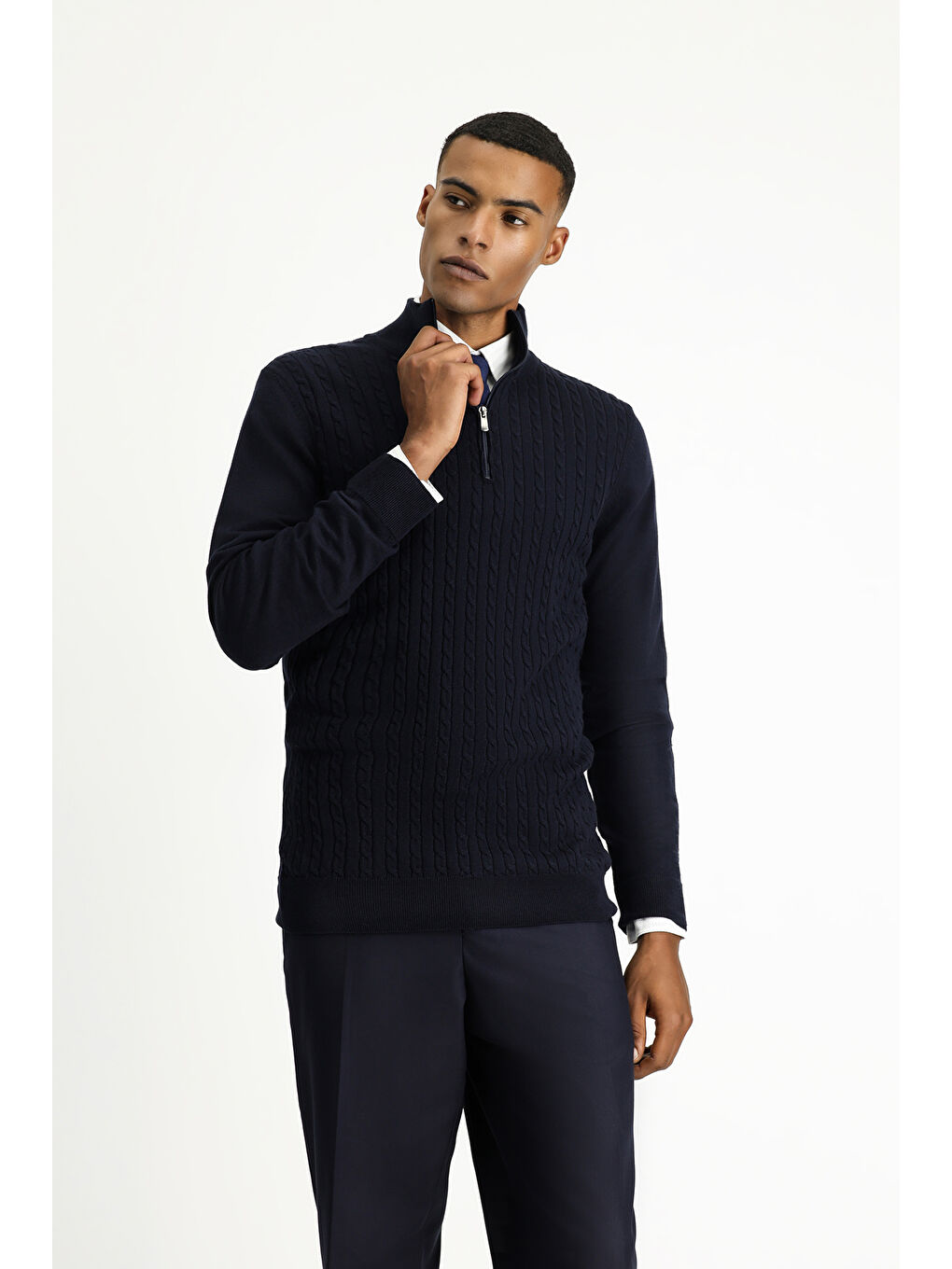 Lacivert Bato Yaka Regular Fit Fermuarlı Desenli Pamuklu Triko Büyük Beden Kazak