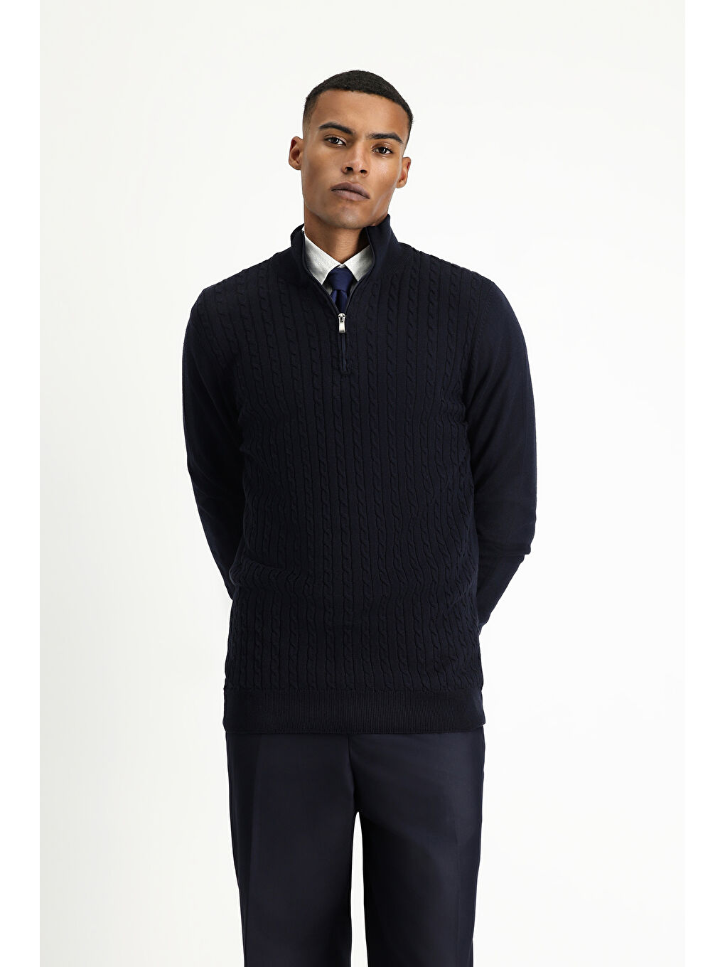 Lacivert Bato Yaka Regular Fit Fermuarlı Desenli Pamuklu Triko Büyük Beden Kazak-3