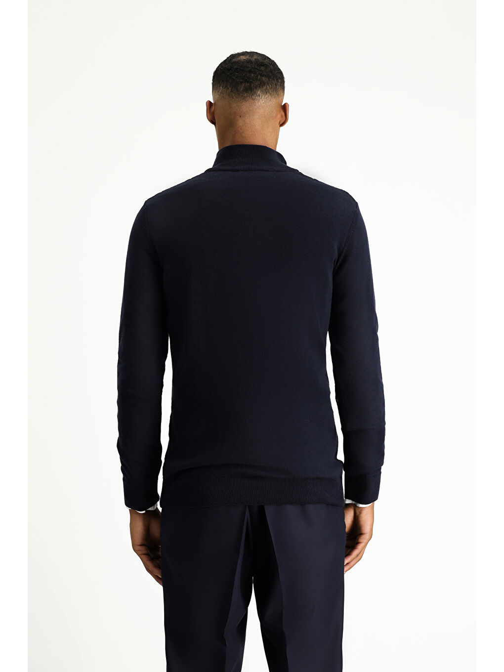 Lacivert Bato Yaka Regular Fit Fermuarlı Desenli Pamuklu Triko Büyük Beden Kazak-4