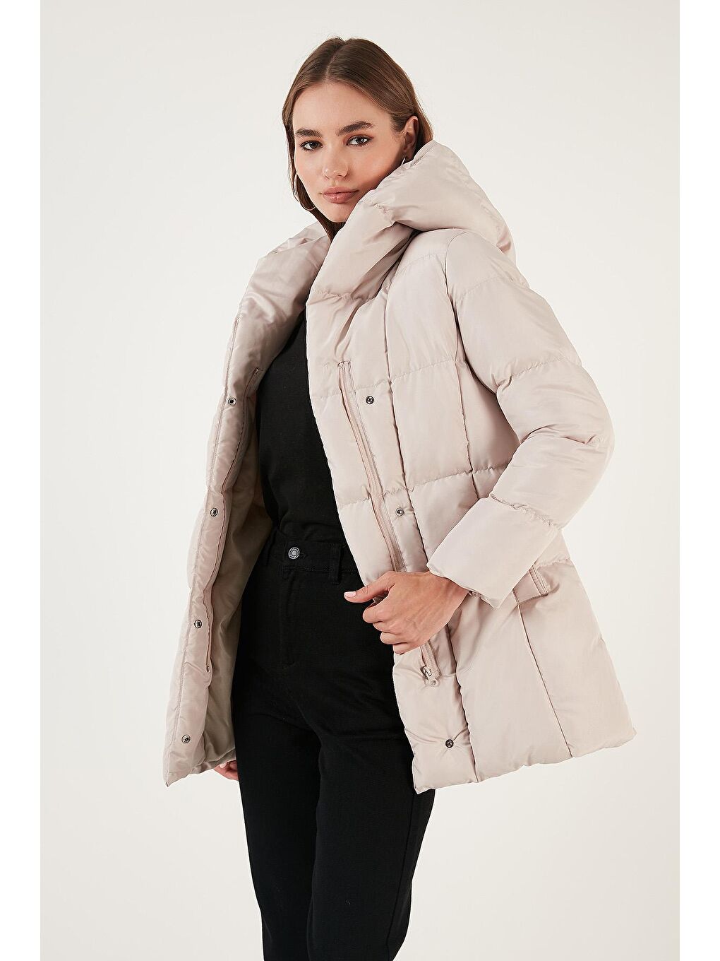 Bej Cepli Kemerli Kapüşonlu Regular Fit Kışlık Şişme Mont 55650154-3