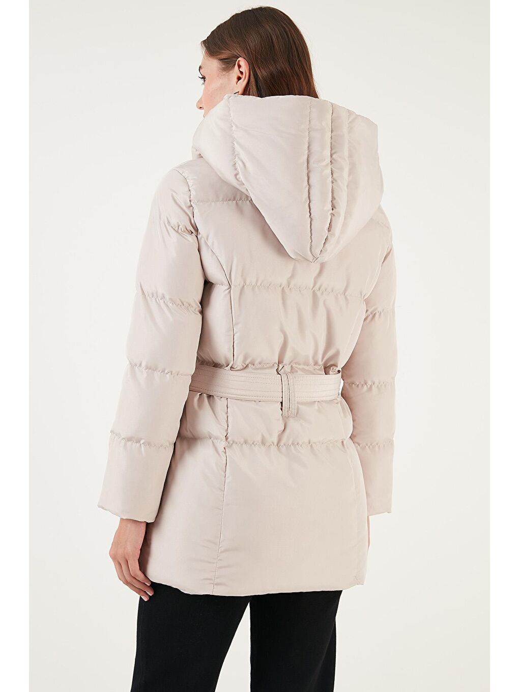 Bej Cepli Kemerli Kapüşonlu Regular Fit Kışlık Şişme Mont 55650154-4