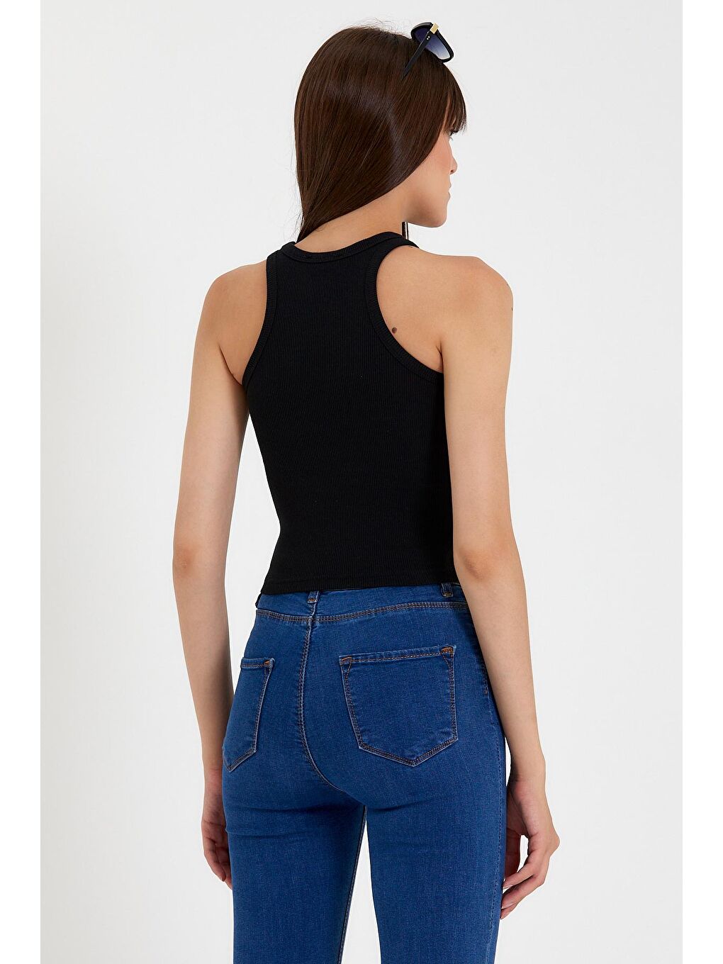 Siyah Kadın Crop Örme Arkası Yüksek Yaka Slim Fit Atlet-Tişort SPR21Y11-3