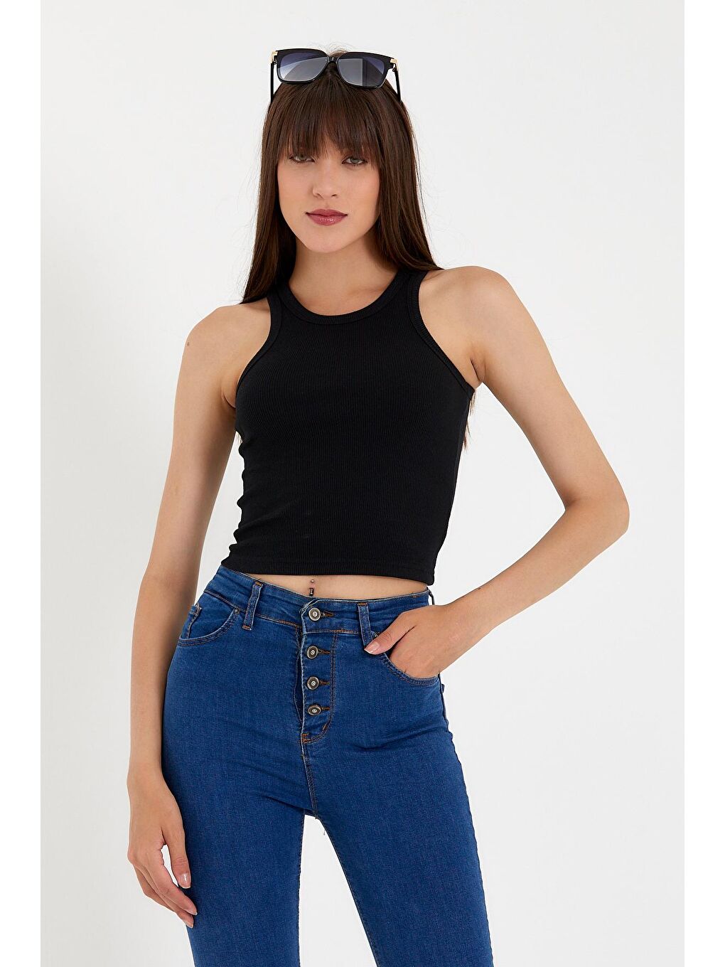 Siyah Kadın Crop Örme Arkası Yüksek Yaka Slim Fit Atlet-Tişort SPR21Y11-4