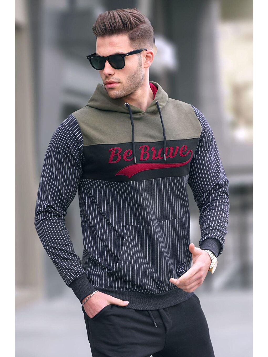 Gri kapüşonlu Çizgili Sweatshirt Füme 2815