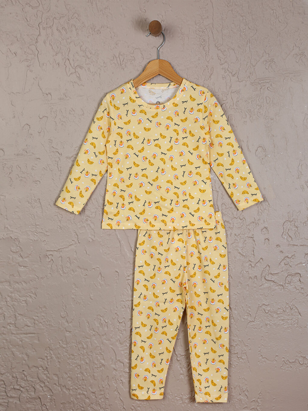 Sarı Bisiklet Yaka Baskılı Uzun Kollu Kız Çocuk Pijama Takımı