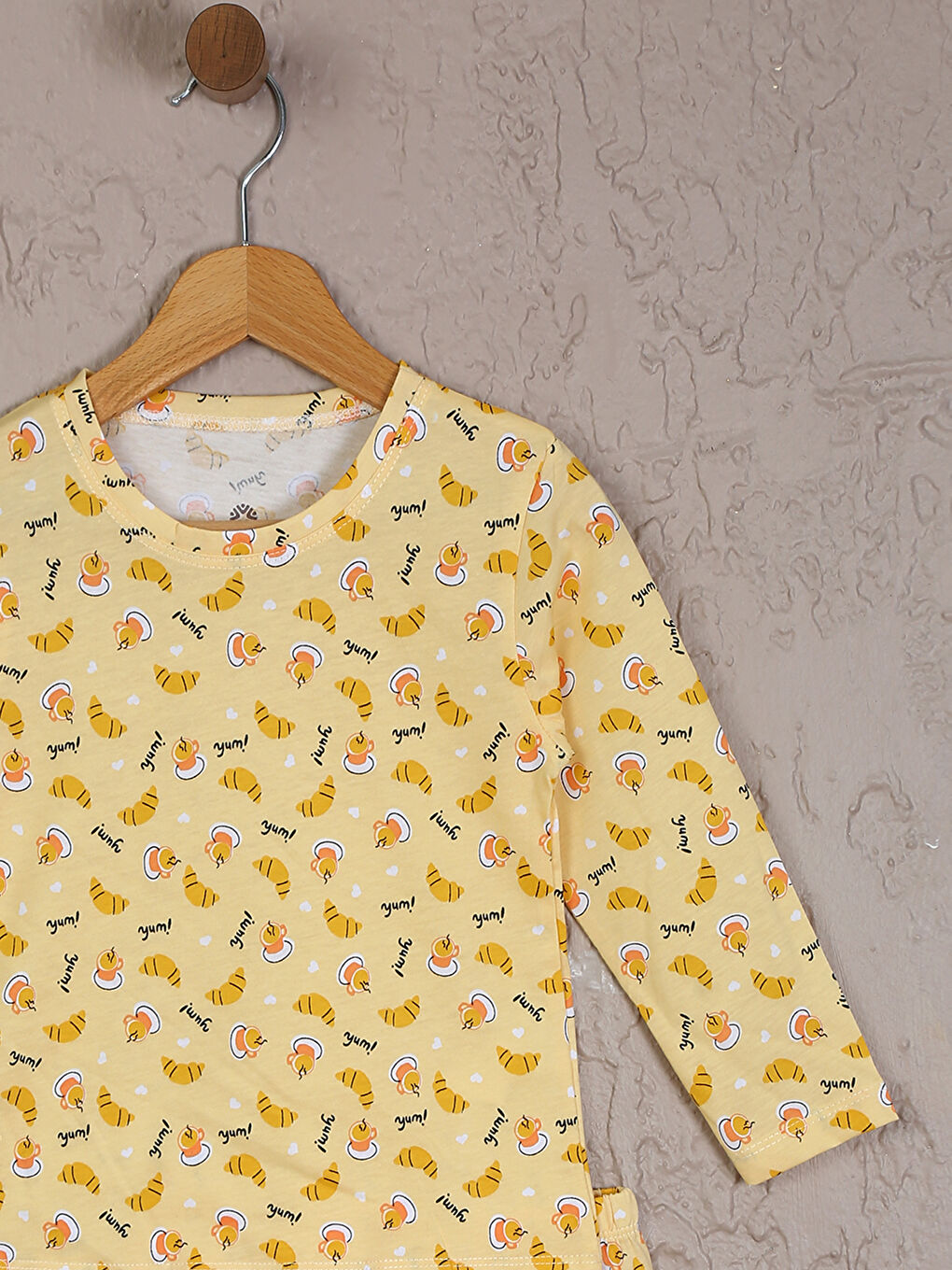 Sarı Bisiklet Yaka Baskılı Uzun Kollu Kız Çocuk Pijama Takımı-1