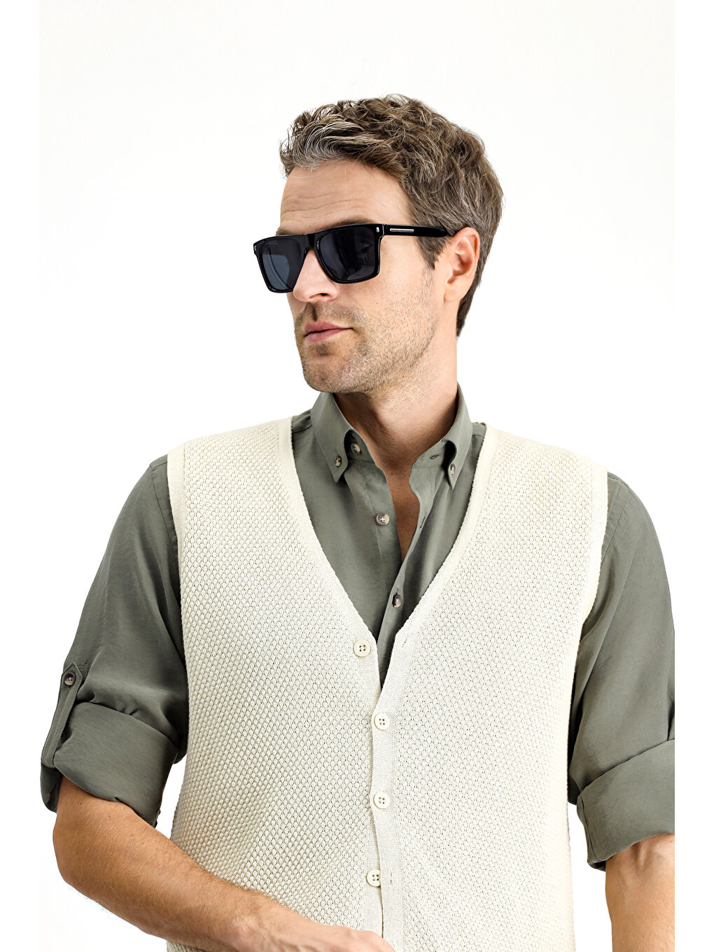 Bej Pamuklu Desenli Triko Yelek-2