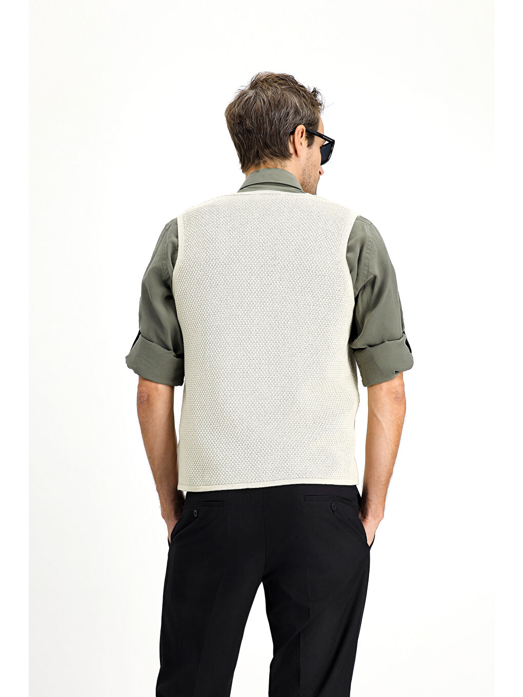 Bej Pamuklu Desenli Triko Yelek-3