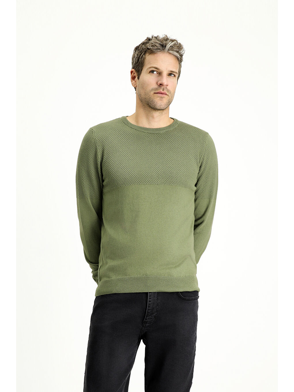 Haki Bisiklet Yaka Slim Fit Dar Kesim Desenli Pamuklu Triko Büyük Beden Kazak-2