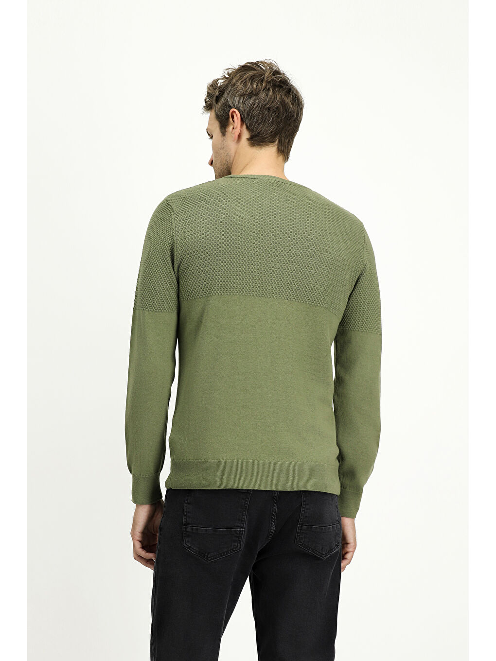 Haki Bisiklet Yaka Slim Fit Dar Kesim Desenli Pamuklu Triko Büyük Beden Kazak-3