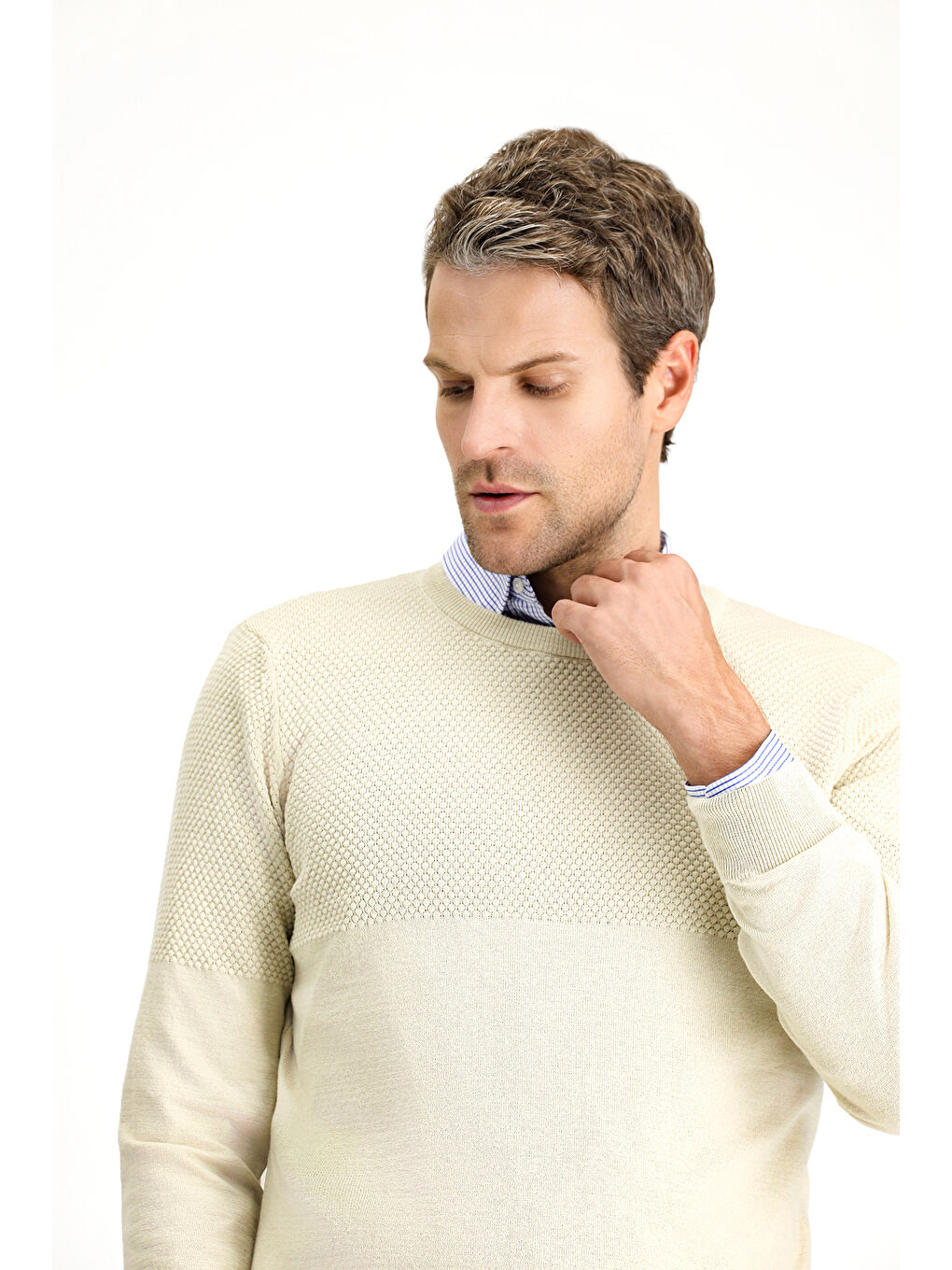 Bej Bisiklet Yaka Slim Fit Dar Kesim Desenli Pamuklu Triko Büyük Beden Kazak-2