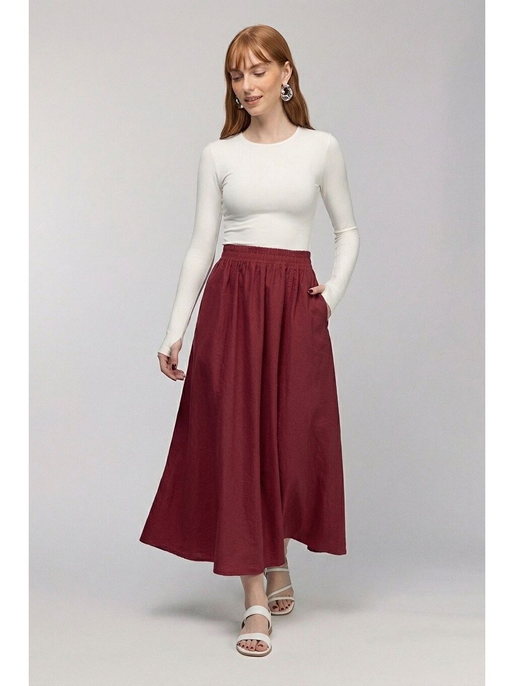 Bordo Kadın A Kesim Yüksek Bel Cepli Dökümlü Kloş Etek - Dokulu Keten-1