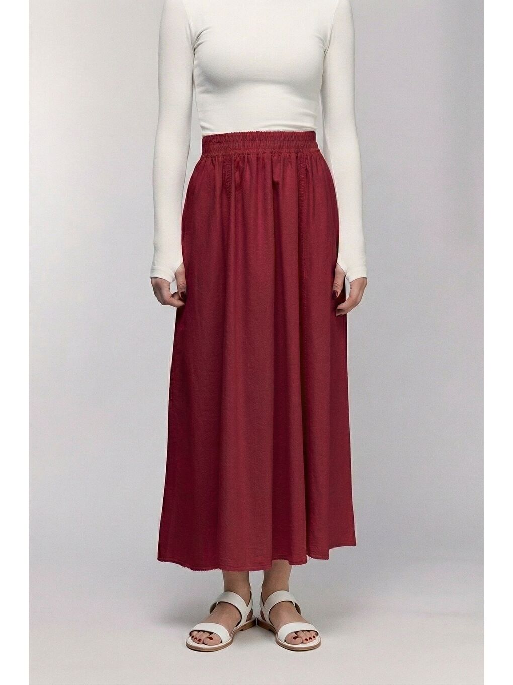 Bordo Kadın A Kesim Yüksek Bel Cepli Dökümlü Kloş Etek - Dokulu Keten-2