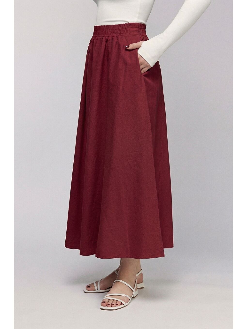 Bordo Kadın A Kesim Yüksek Bel Cepli Dökümlü Kloş Etek - Dokulu Keten-3