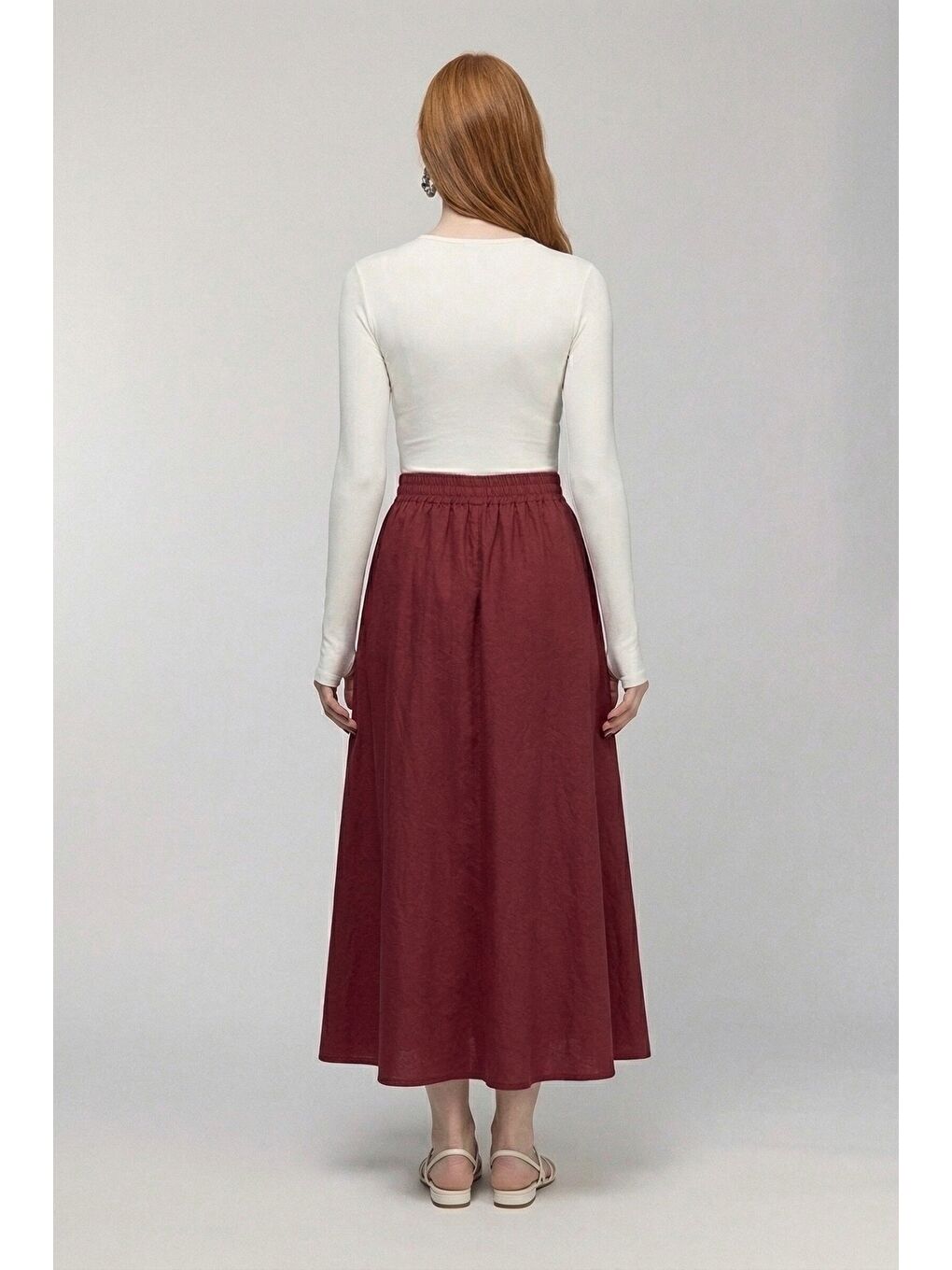 Bordo Kadın A Kesim Yüksek Bel Cepli Dökümlü Kloş Etek - Dokulu Keten-4