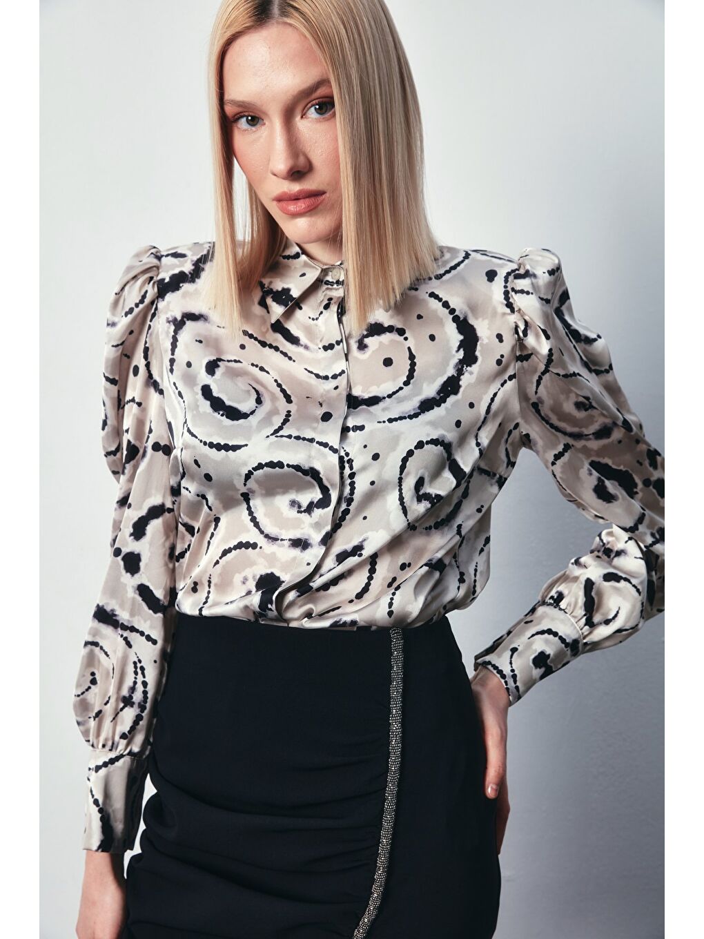 Bej Balon Kol Desenli Gömlek - Taş-1