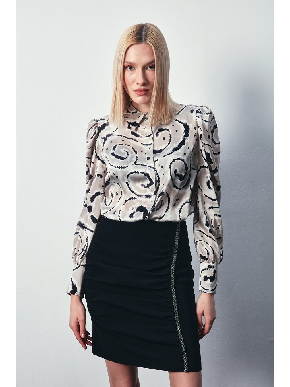 Bej Balon Kol Desenli Gömlek - Taş-2