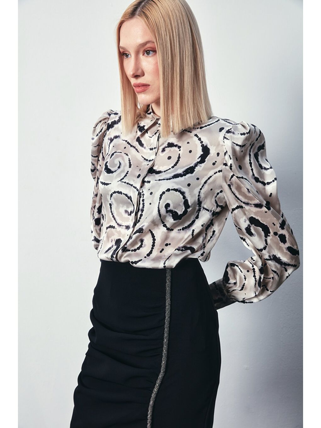 Bej Balon Kol Desenli Gömlek - Taş-4