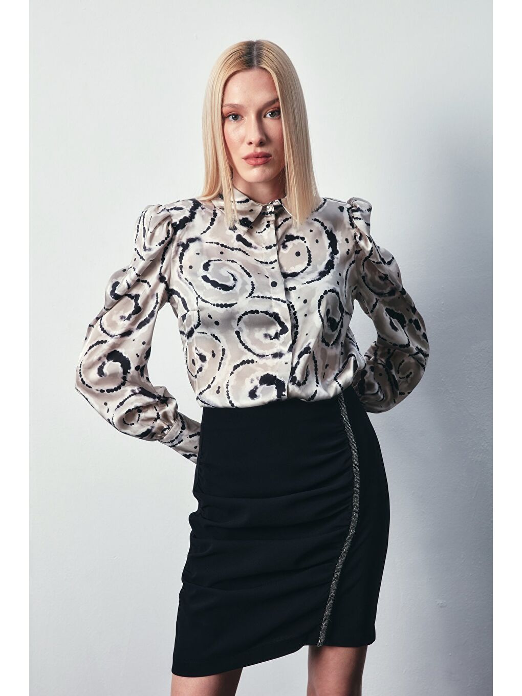 Bej Balon Kol Desenli Gömlek - Taş-5