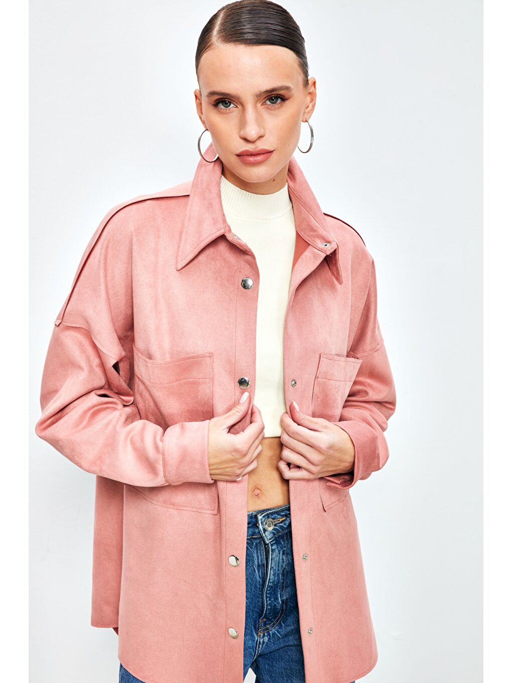 Pembe Cepli Salaş Süet Ceket Gömlek - Pudra