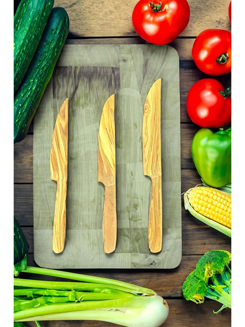 Kahverengi Zeytin Ağacı Bıçak Seti | 3 Lü El Yapımı Ahşap Bıçak Doğal Ağaç Bıçak Seti