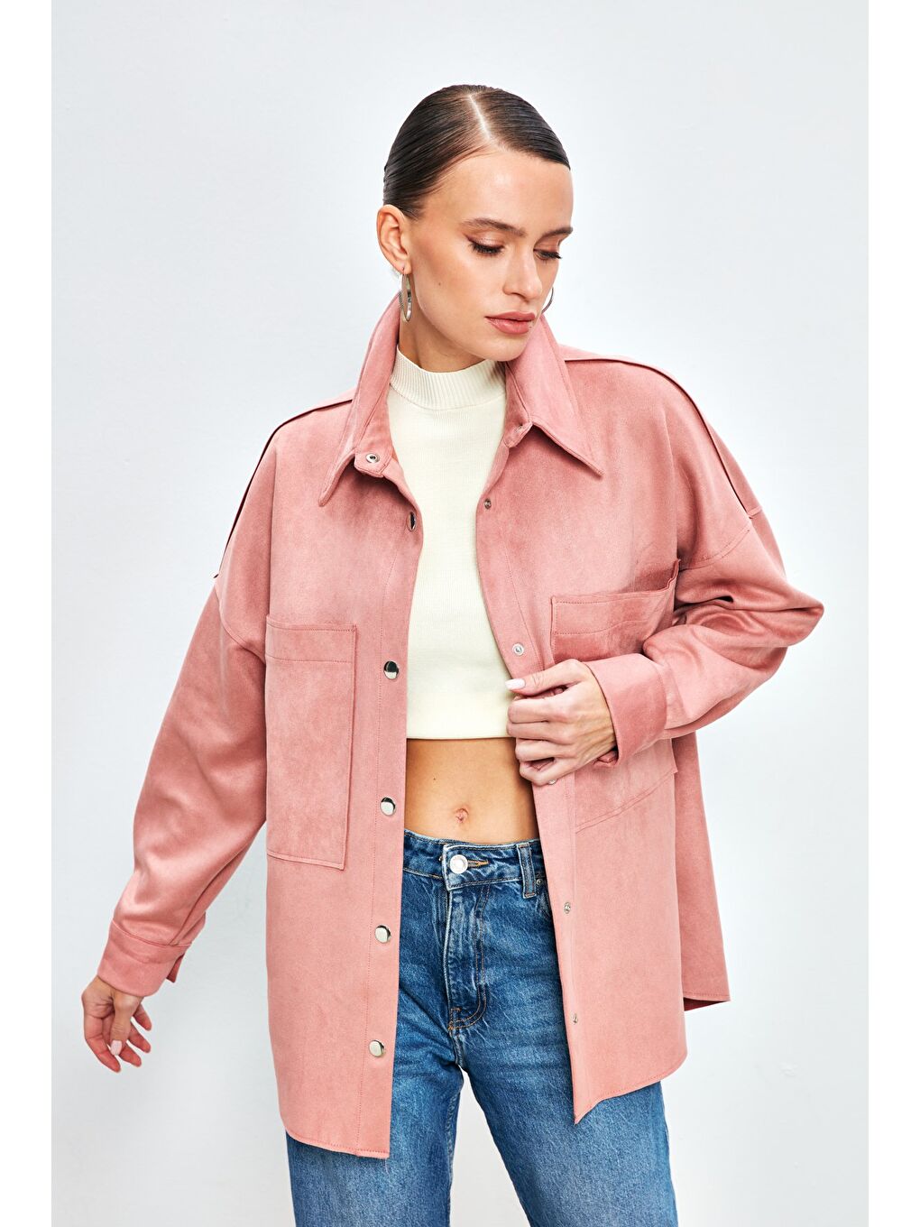 Pembe Cepli Salaş Süet Ceket Gömlek - Pudra-2