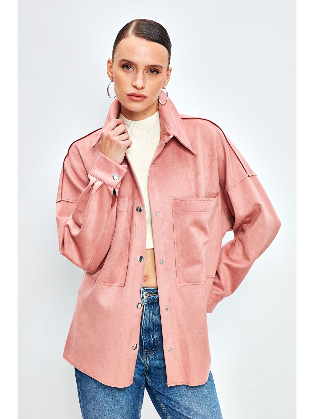 Pembe Cepli Salaş Süet Ceket Gömlek - Pudra-3