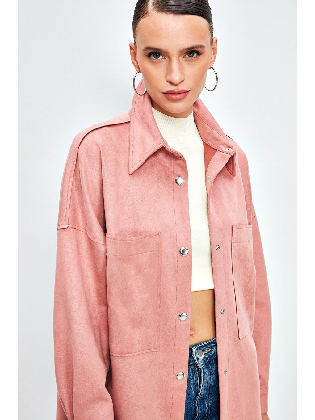 Pembe Cepli Salaş Süet Ceket Gömlek - Pudra-4
