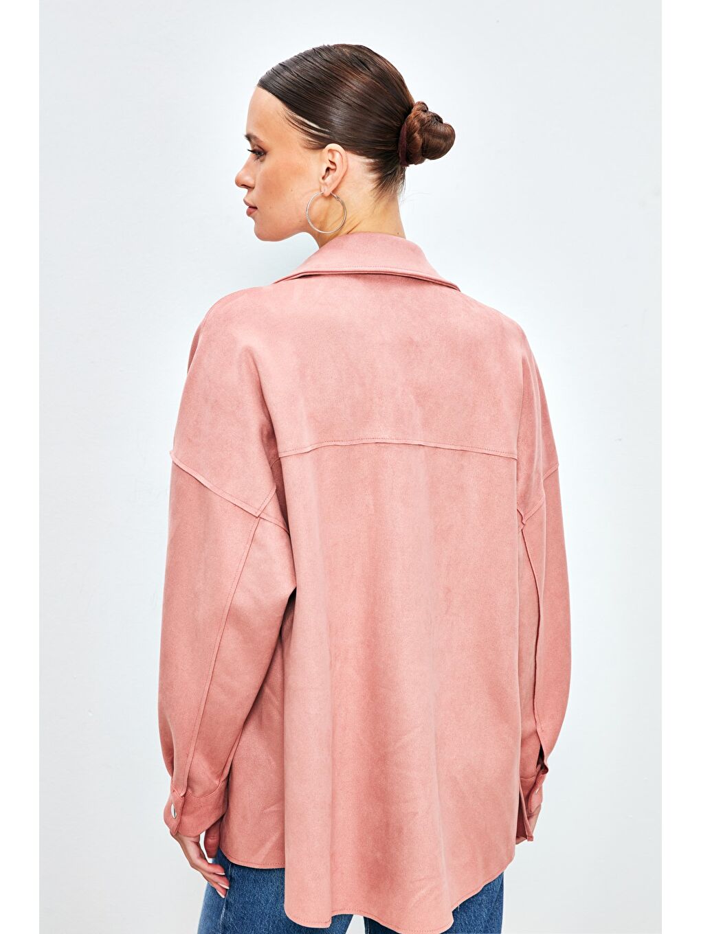 Pembe Cepli Salaş Süet Ceket Gömlek - Pudra-6