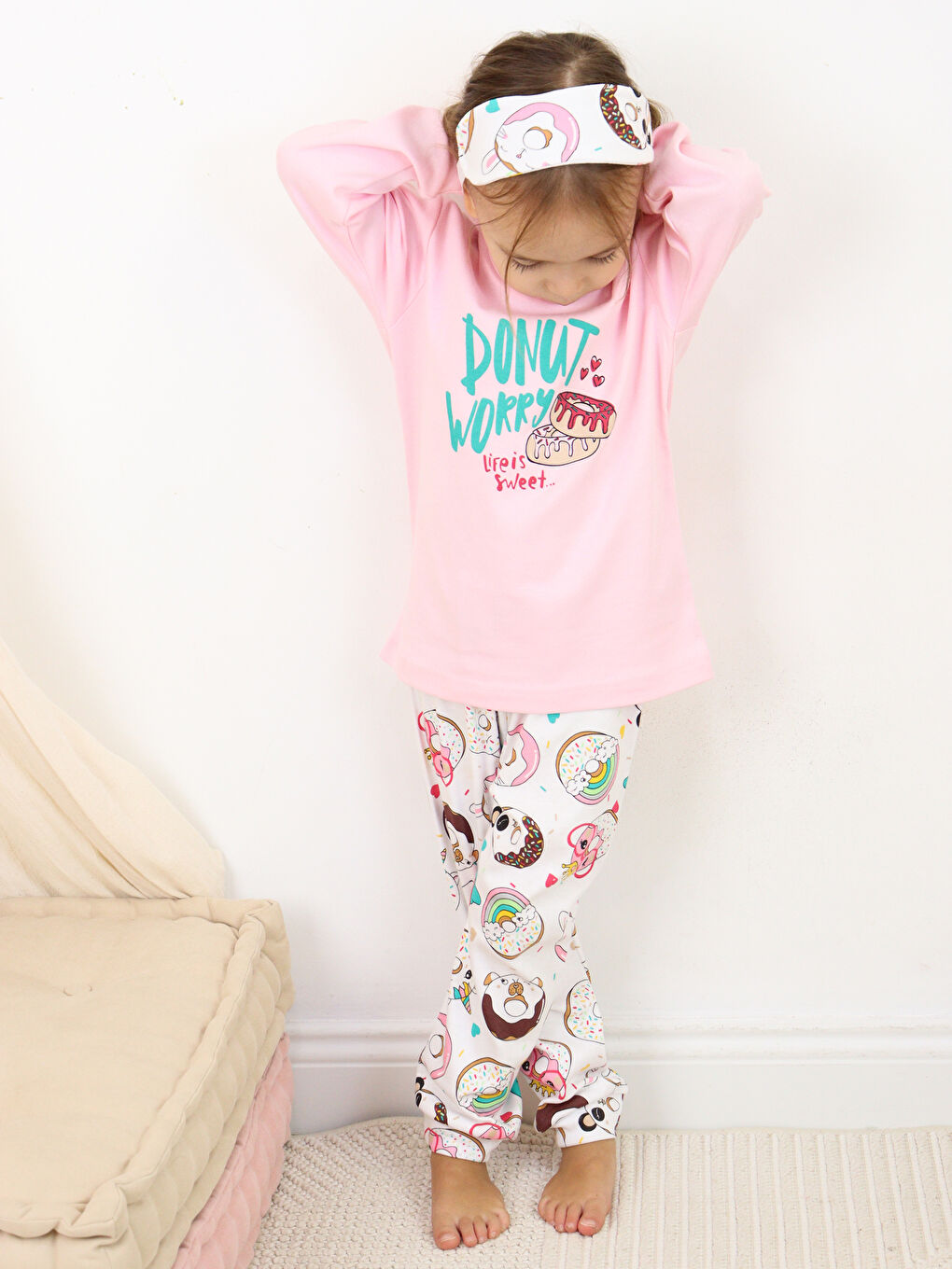 Pembe Bisiklet Yaka Baskılı Kız Bebek Pijama Takımı-1