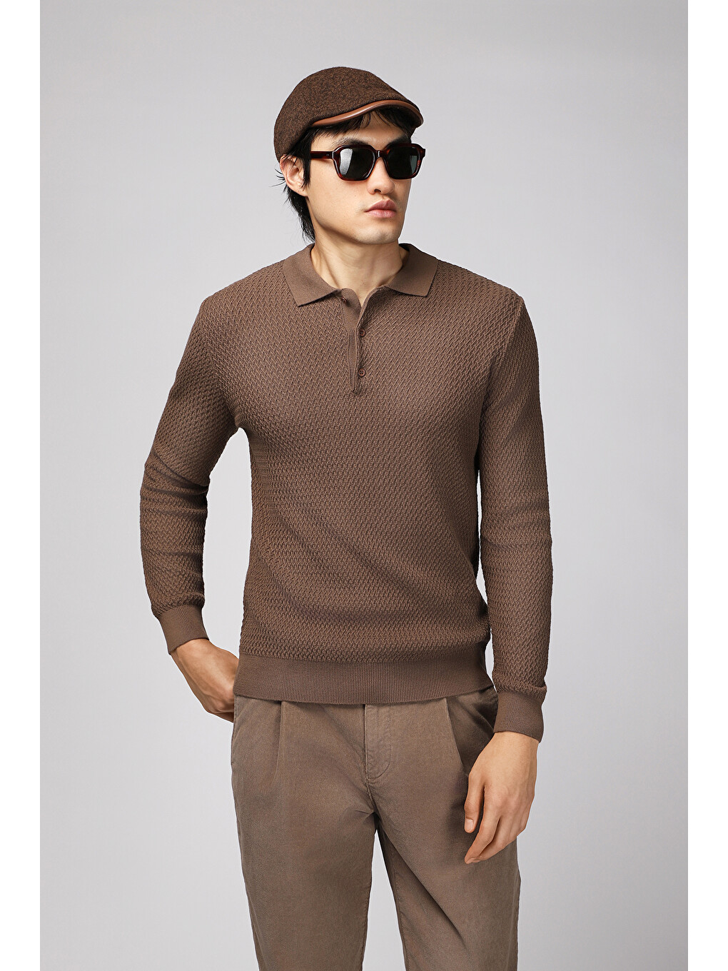 Kahverengi Polo Yaka Regular Fit Desenli Pamuklu Triko Kazak-2