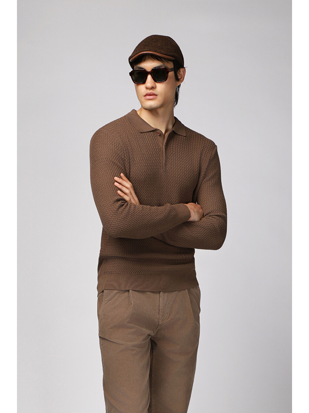 Kahverengi Polo Yaka Regular Fit Desenli Pamuklu Triko Kazak-3