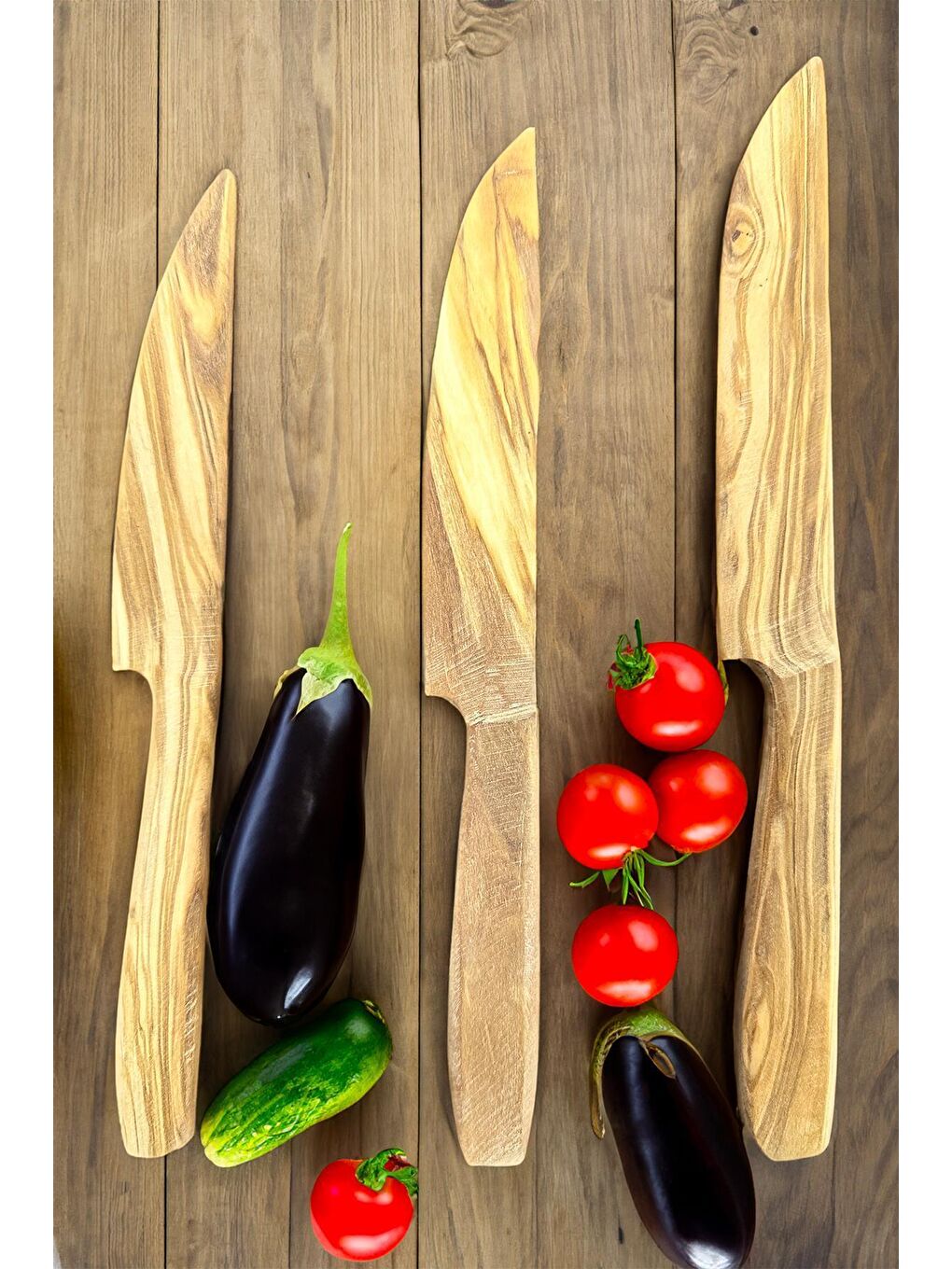 Kahverengi Zeytin Ağacı Bıçak Seti | 3 Lü El Yapımı Ahşap Bıçak Doğal Ağaç Bıçak Seti-1