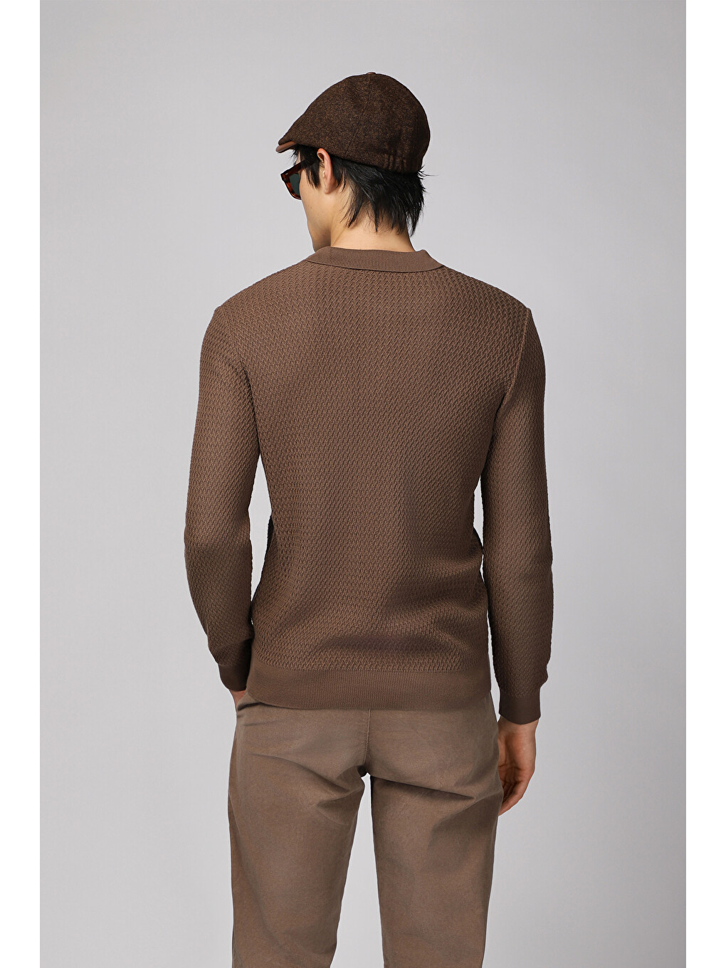 Kahverengi Polo Yaka Regular Fit Desenli Pamuklu Triko Kazak-4